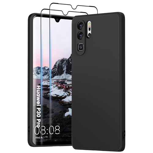 PuyaTeya 3 in 1 Hülle für Huawei p30 pro, mit 2 Stück 9H Panzerglas Premium Liquid Silikon Hülle, mit 4-Layer stoßfeste abriebfestes, Soft Mikrofaserfutter Kratzfes Schutzhülle (Tiefschwarz)