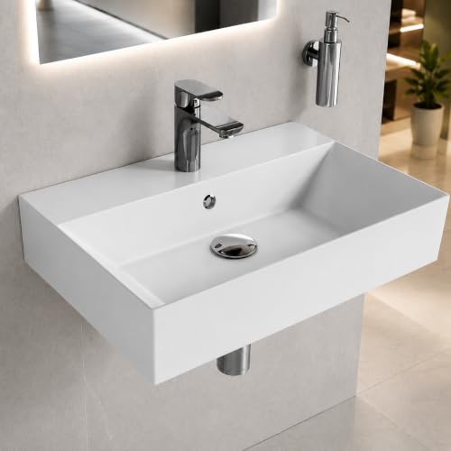 Aqua Bagno Waschbecken 60 cm eckig, Keramik Aufsatzwaschbecken | Hängewaschbecken, dünner Rand, mit Hahnloch & Überlauf, Weiß, Wandmontage, Badezimmer & Gäste-WC