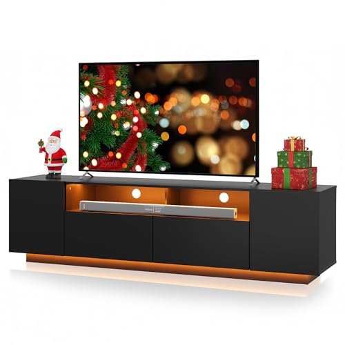 WLIVE TV Schrank Schwarz, Lowboard Hochglanz mit 20 Farben LED-Beleuchtung, TV Board mit Schränken und 2 Freiflächen, Fernsehtisch mit Klapptür, 170 x 36 x 45 cm, Schwarz
