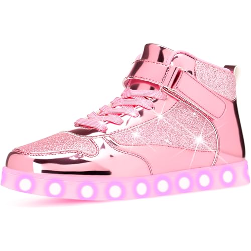 APTESOL Unisex LED Leuchten Schuhe | High-Top | 11 Leuchtmodi | TPU mit Spiegelmetall-Optik & Glitzerdetails | Modische Sneaker für Männer & Frauen für Party/Streetwear, Rosa, EU 36