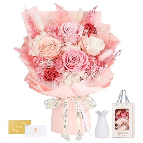 Ewige Rosen Blume Strauß mit Vase-Rosa, Infinity Konservierte Echt Flower, Rosestrauß in Geschenkbox, Geschenk für Sie Frauen Freundin Mama Oma zum Valentinstag Jahrestag Geburtstag Muttertag