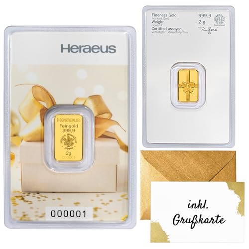 Goldbarren 2 g Geschenk - 2 Gramm Gold - Heraeus - Feingold 999.9 - LBMA Zertifiziert - NEU
