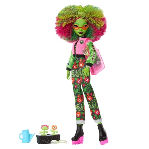Monster High Fearbook Venus McFlytrap Puppe | Set aus Pflanzen-Monster-Puppe und Zubehörset mit Unearthed Club-Look wie Collegejacke, Jahrbuch, Gartengeräte, JDR59