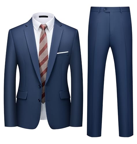 Autsel Anzug Herren Slim Fit 2-teilig Business Anzüge 2-Knopf Herrenanzug Sakko Hose pflegeleicht für Business Büro Hochzeit Bewerbung & Formelle Anlässe Marineblau L