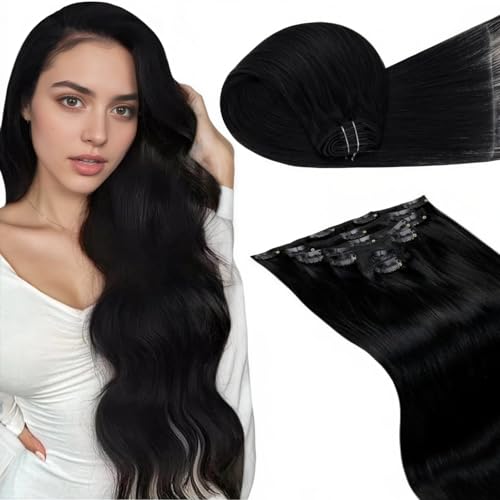 LaaVoo Clip in Extensions Echthaar Schwarz 60cm 120g Lang Extensions Clip in Haarverlängerung Voller Kopf Echthaar Extensions Clips Remy Haar 7PCS #1