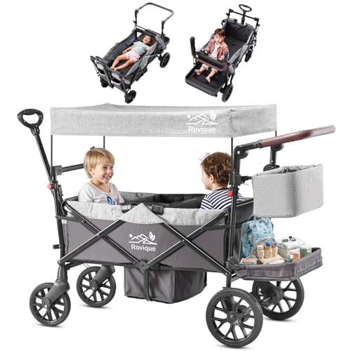 Bollerwagen für 2 Kinder, faltbarer Kleinkinderwagen mit Dach und abnehmbarem Tablett,Tür mit Reißverschluss,5-Punkt-Gurt, verstellbarer Griff, Bollerwagen mit Sitz (Grau)