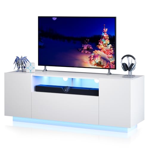 WLIVE TV-Schrank LED für Fernseher bis zu 55 Zoll, TV Lowboard mit Großem Stauraum, Fernsehtisch mit RGB LED-Beleuchtung, TV Board für Wohnzimmer Schlafzimmer, Weiß