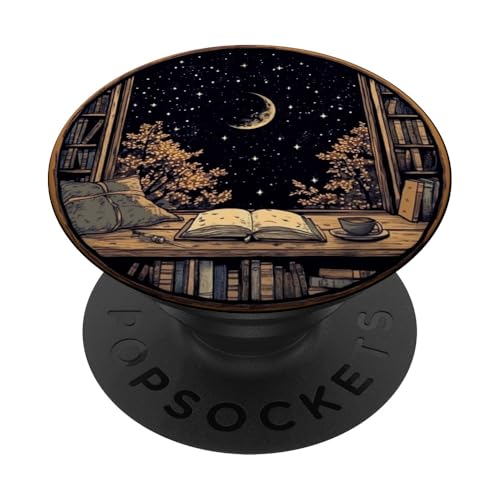 Mond Buch Bücherregal Bibliothek Kaffeetasse Sterne Muster PopSockets Klebender PopGrip