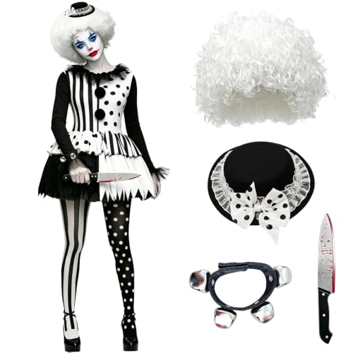 MmmLucipor Halloween Clown Kostüm Damen, Terrifier Kostüm (L) | Horror Clown-Kostüm damen inklusive Perücke, Hut und blutbeflecktem Spielzeugmesser