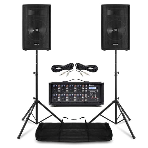 Vonyx SL8 - PA Lautsprecher Aktiv Set, 800 Watt Party Lautsprecher mit Bluetooth und Stativ, Mischpult, PA Anlage Komplettset, 8 Zoll LED, USB, MP3, DJ Boxen, DJ Set Komplett, Schwarz
