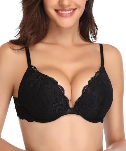 Deyllo Damen Push Up BH mit Blumen Spitze Schalen Bügel BH Gepolstert Elegant(Schwarz,80B)