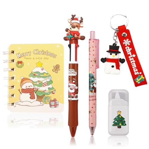Hyleara Weihnachts Schreibwaren Set, Kugelschreiber Set Weihnachts Muster, Kugelschreiber 4-in-1Mehrfarbiger und Schwarz, Notizbuch, Schlüsselanhänger, Korrekturroller für Büro und Schule