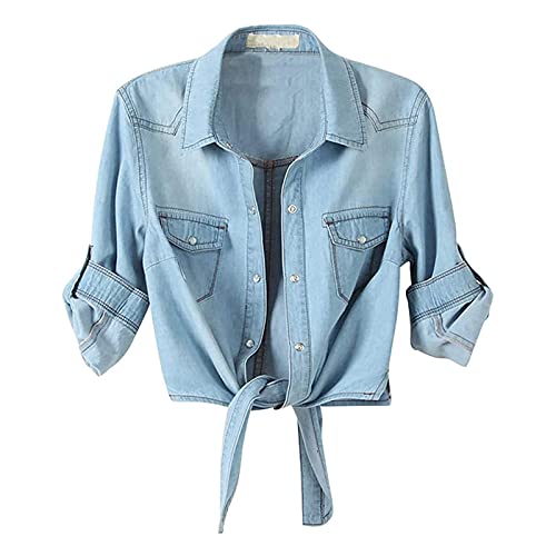 Jeanshemd für Damen, zum Binden, Blau, kurze Jacke, Damen, Hemden, Polyester, Bluse, Button-Down-Kragen, langärmlig, Sommer, Top, Tunika, kurz, Blusen, modisch, personalisierbar, Tops, blau, XXX-Large