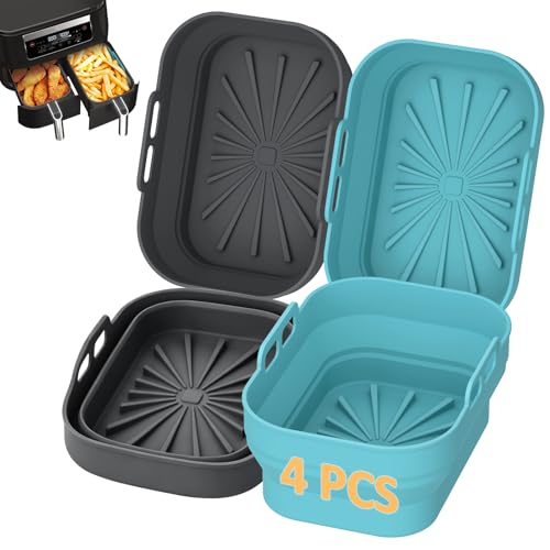 4 Stück Silikoneinsätze für Heißluftfritteuse, 21 x 15 x 8 cm, rechteckige Silikonformen für Dual-Zone-Airfryer 7,6–9,5 L, wiederverwendbar, antihaft, spülmaschinenfest (Dunkelgrau & Dunkelblau)