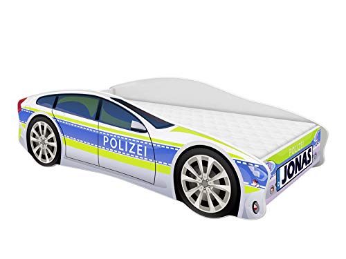 ACMA Kinderbett Auto-Bett Polizei mit Rausfallschutz, Lattenrost und Matratze (Polizei 1, 160x80 cm + Name)