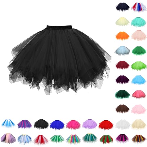 Tüllrock Damen Kurz Puffy Tüll Rock Elastische Hohe Taille Tutu Röcke Tütü Petticoat Multi-Schichten Für Karneval Cheerleader Kostüm Tüllrock Schwarz (Farbe 18)