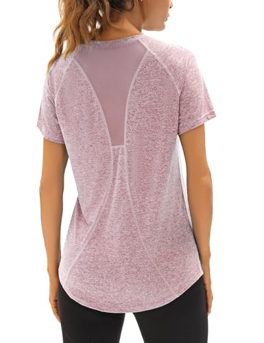 Wayleb Sportshirt Damen Kurzarm V-Ausschnitt Sommer Sport T-Shirts Sommer Leichtes Atmungsaktiv Back Mesh Laufshirt Fitness Gym Oberteile Frauen Longshirt Yoga Top, Hellrosa-lila L