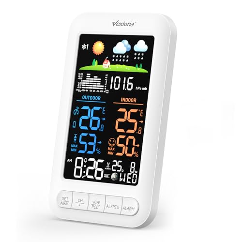 Vexloria Funk-Wetterstation Mit AußEnsensor, Digitale Dcf-Funkuhr, Raumthermometer, Raumhygrometer Mit Temperaturanzeige, Wettervorhersage, Zeitanzeige, Alarm, Upgrade-Version Weiß