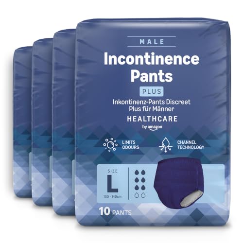 Healthcare by Amazon Herren Inkontinenz Pants, Plus-Saugstärke, L, 40 Stück (4 Packungen à 10 Stück), Blau, (zuvor Amazon Basic Care) - Verpackung kann abweichen