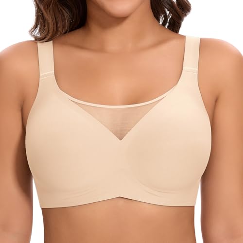 Jiuday BH Damen ohne Bügel Große Brüste Starker Halt Soft Jelly Bra Bügelloser Push Up Seitenträger BH Nahtloser Bequem T Shirt Gepolstert Mesh Bralette (Beige,XL)