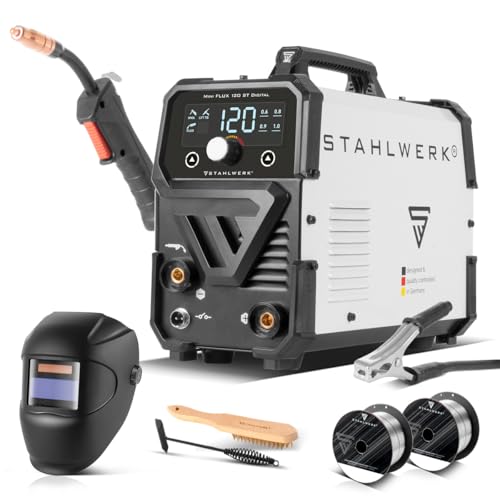 STAHLWERK Schweißgerät Mini FLUX 120 ST Digital – Vollausstattung – Fülldrahtschweißen (FLUX) ohne Schutzgas bis 120 A, synergischer Drahtvorschub, LED-Licht, Lift-TIG- & MMA-Funktion (E-Hand/ARC)