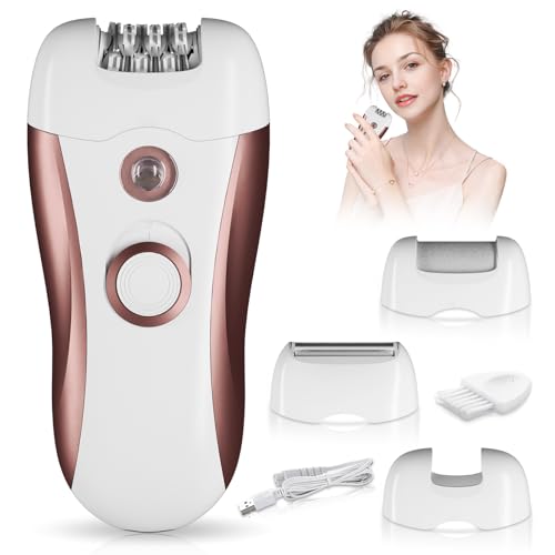 Epilierer Damen für Haarentfernung, Epeliergerät Körper 4 in 1 Elektrischer Kabelloser, Wet&Dry Schmerzlos für Gesicht Beine Arme Bikini, mit 4 Zubehörteilen, Rasierer, Langhaarschneider und Pediküre