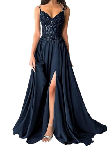 shownicer Damen Chiffon Ballkleider Lang V-Ausschnitt Spitzenapplikationen Abendkleider Elegant Brautjungfernkleid A-Linie Ballkleid mit Schlitz A Dunkelblau 38