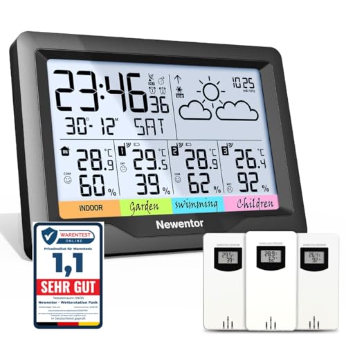Newentor Wetterstation Funk mit 3 Außensensor Innen und Außen Thermometer Hygrometer DCF-Funkuhr Multifunktionale Funkwetterstation mit Wettervorhersage