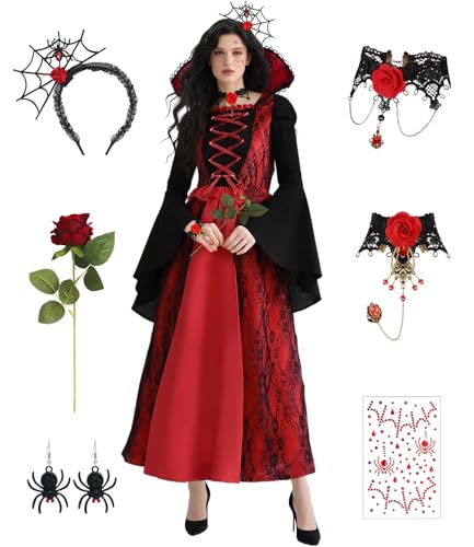 Vampir Kostüm Damen - Vampir Kleid Kostüm Damen Halloween Kostüme Dress Up, Halloween Costume Frauen Cosplay Gothic Kostüme mit Halskette und Vampire Zähne für Fasching Karneval Dracula Party (M)
