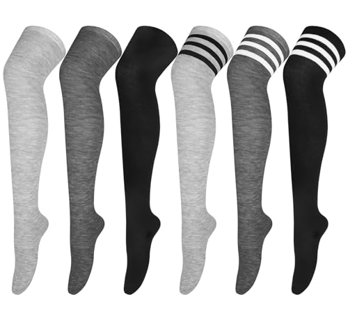 Justay Comf 6 Paare Overknee Strümpfe Damen Mädchen Lange Kniestrümpfe Gestreift Schwarz Weiß Grau Overknee Socken Cosplay Kostüm