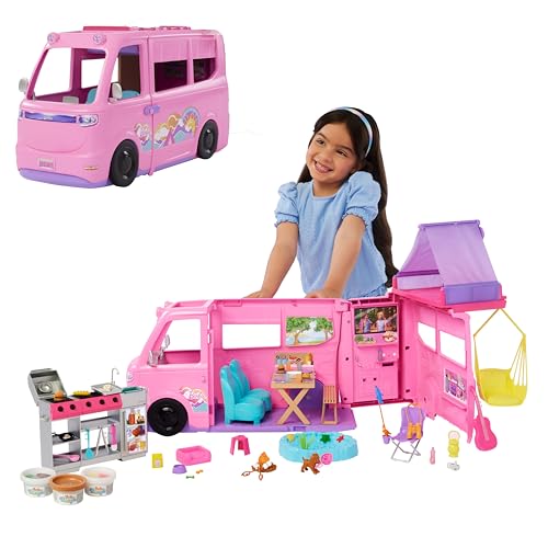 Barbie Super Abenteuer-Camper Spielset mit Dachzelt, Hängesessel, Fischteich, Grill mit Farbwechseleffekt und über 60 Zubehörteilen inklusive Knete, HRJ78