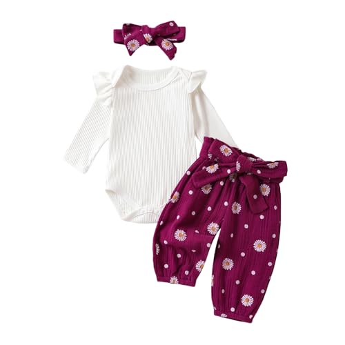 Beauace 3tlg Baby Mädchen Kleidung Musselin Langarm Body Strampler + Gänseblümchen Hose + Stirnband Neugeborene Outfit Set Hübsche Babykleidung (Violett, 6-12 Monate)