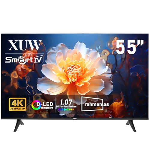 XUW 55 Zoll UHD 4K Smart TV, D-LED-Hintergrundbeleuchtung Fernseher, randloses Design, HDMI-USB-DVB-T2/S2-RJ45-Schnittstelle, großer Bildschirm für Wohnzimmer, Schlafzimmer, Heimunterhaltung - schwarz