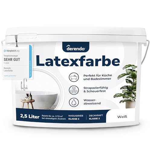 derendo Latexfarbe weiss abwaschbar hohe Deckkraft Innenfarbe matt 2,5l