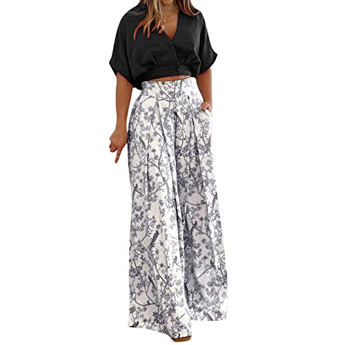 QJDFLL Damen Plissee 2 Stück Hosen Outfits Lässig Lose Hemd Bluse Top Langes Weites Bein Palazzo Set Jumpsuit(Schwarz,S)
