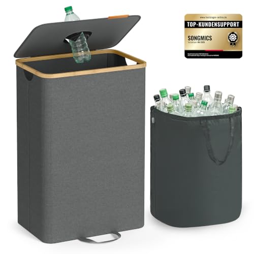 SONGMICS Pfandflaschen-Sammelbehälter, 95 L, Flaschensammler Leergut | Recycling-Behälter, mit Loch, Deckel, Innensack mit Griffen, Küche, schiefergrau-naturbeige, ROXANNE Kollektion RRB509G01