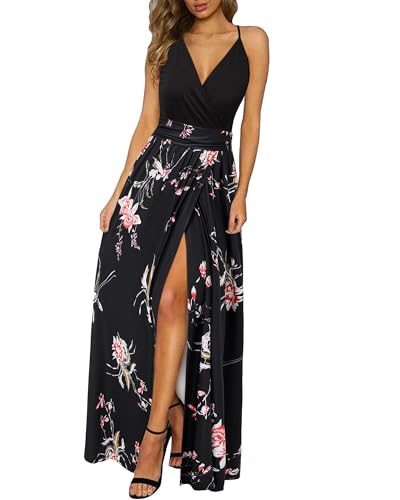 Newshows Sommerkleid Damen Lang Maxikleid Sommer V Ausschnitt Kleid Schlitz Freizeitkleid Elegant für Hochzeitsgast (Floral 26,Klein)