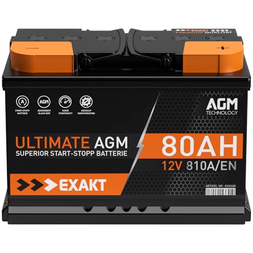 Exakt AGM Batterie 80Ah 12V Start-Stop Autobatterie VRLA ersetzt 70Ah 75Ah