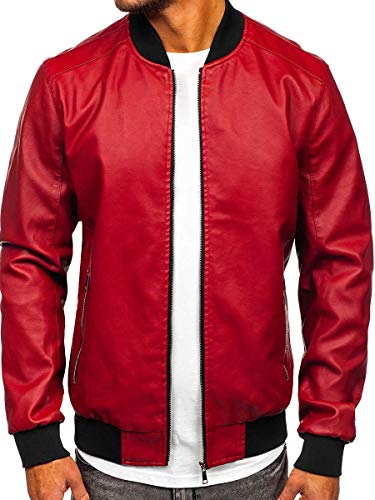 BOLF Herren Lederjacke Kunstlederjacke Bikerjacke Übergangsjacke Steppjacke Kapuze Motorradjacke Pilotenjacke Fliegerjacke Bomberjacke Stehkragen Casual Style J.BOYZ 1147-1 Rot M [4D4]