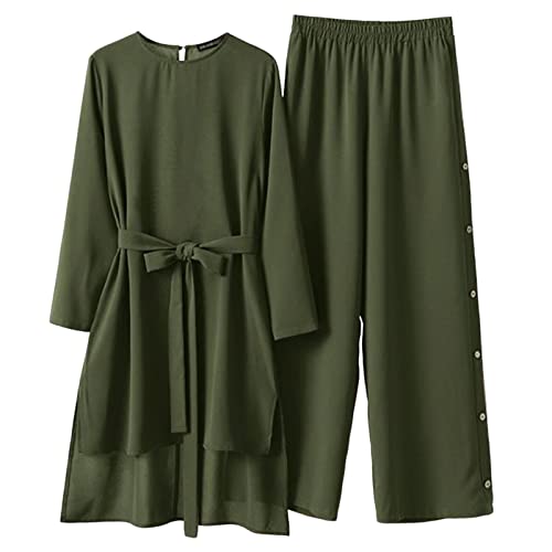Amxleh Muslimische Kleider Damen 2 Teiler Langärmeliges Top + Lang Hose Ramadan Outfit Muslimisch Einfarbig Zweiteilige Sets Gebetskleidung Naher Osten Türkei Dubai Arabisch Abaya Anzug Gebet Outfits