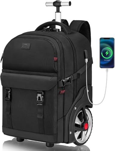 MATEIN Trolley Rucksack mit Rollen, 17,3 Zoll Trolley Rucksack mit Groß Rädern, 50L Reiserucksack mit rollen Einschließen USB-Ladeanschluss &Kombinationsschloss, Wasserdichte für Arbeit Reise, Schwarz
