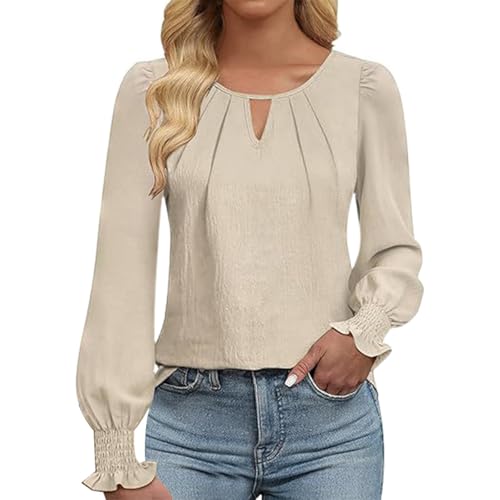Blusen & Tuniken für Damen Sommerblusen Leicht und Luftig Casual Strandhemd Wickelbluse Damenblusen Boho Bluse Schlupfbluse Oberteil Elegant Festlich mit Gummizug Hemd Shirt Beige S