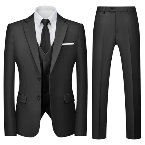Autsel Anzug Herren Slim Fit 3 Teilig Anzüge Business Herrenanzug 3-Teilig für Hochzeit Sakko Hose Weste Formal Dinner Suit Schwarz M