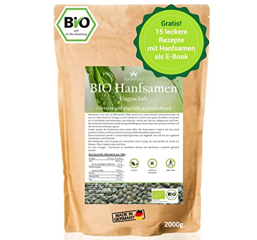 BIO Hanfsamen ungeschält 2kg aus Deutschland vom deutschen Biofeld + digitales Rezeptbuch