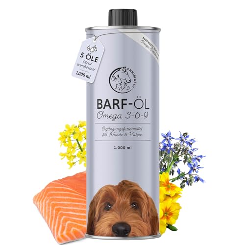 Barf Öl für Hunde 1000ml Barföl mit Omega 3-6-9 aus: Lachsöl, Rapsöl, Hanföl & Borretschöl - Futteröl für Hund als Futter Topping (Barf Zusatz)