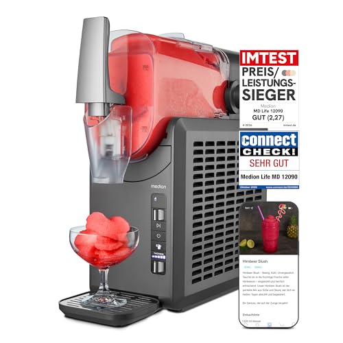 MEDION Slush Maschine (2,6 Liter Slush-Eis Kapazität, 1,9 Liter Fassungsvermögen, Slush Ice Maker für Getränke, 5 Getränkemodi, 30-60 Minuten Zubereitungszeit, Kompressor, Slush Eis Maschine, MD12090)