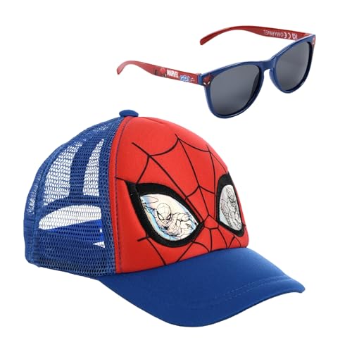 Marvel Spider-Man Cap und Sonnenbrille Set für Kinder, Rot und Blau, Baseballkappe verstellbar, Sonnenschutz, Mesh, Mütze, Gr. 52, Gr. 54 cm (DE/NL/SE/PL, Numerisch, 54, Blau)