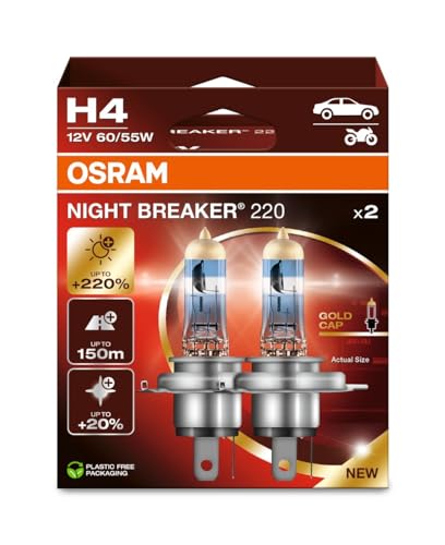 Osram NIGHT BREAKER 220, H4, +220% mehr Helligkeit, Halogen-Scheinwerferlampe, 64193NB220, Faltschachtel (2 Lampen)