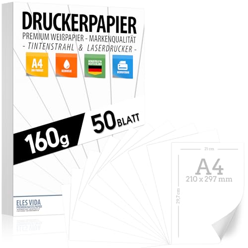 50 BLATT Weißes Druckerpapier A4 160g weiß – PREMIUM PAPIER Reinweiß - DIN A4-21 x 29,7 cm - Zeichenpapier dick,unbedruckt für Uni, Fotografie, Präsentationen, Basteln, hochwertiges Bewerbungspapier