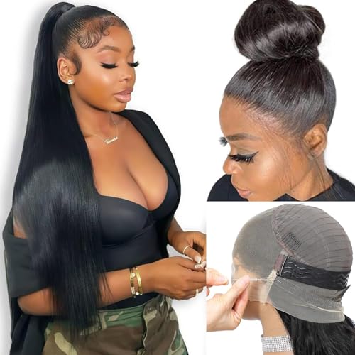 RXY Hidden Straps Perücke Damen Echthaar 360 Full Lace Front Human Hair Wig With Drawstring，Invisible Strap 200% Dichte Straight Echthaar Perücke Pre Plucked With Baby Hair for Women 22 Zoll（56cm)
